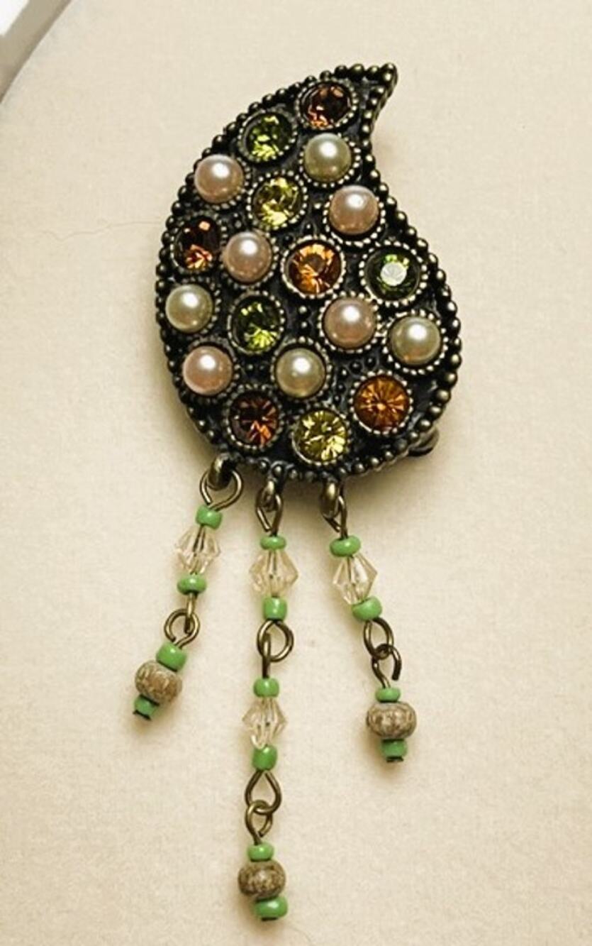 Vintage Curved Teardrop Textured Gold-Tone, Faux Pearls, Amber Crystals Brooch